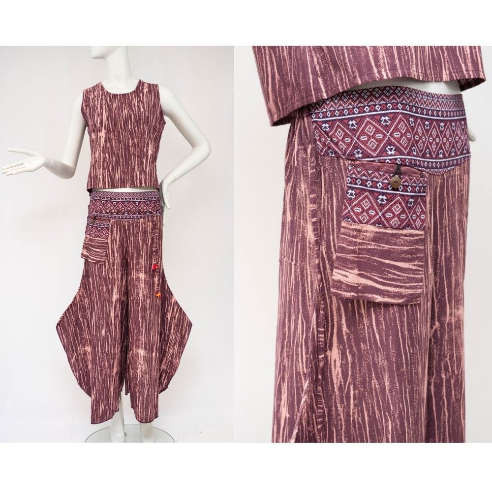 Unisex Vintage Bohemian Two Piece Festive Set Sleeveless Cotton Full Size Stripe
